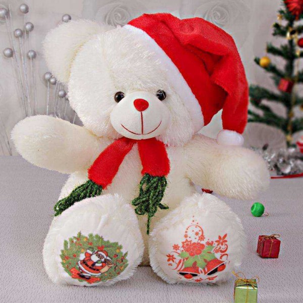 White 15 Inch Christmas Teddy Bear with cap and muffler